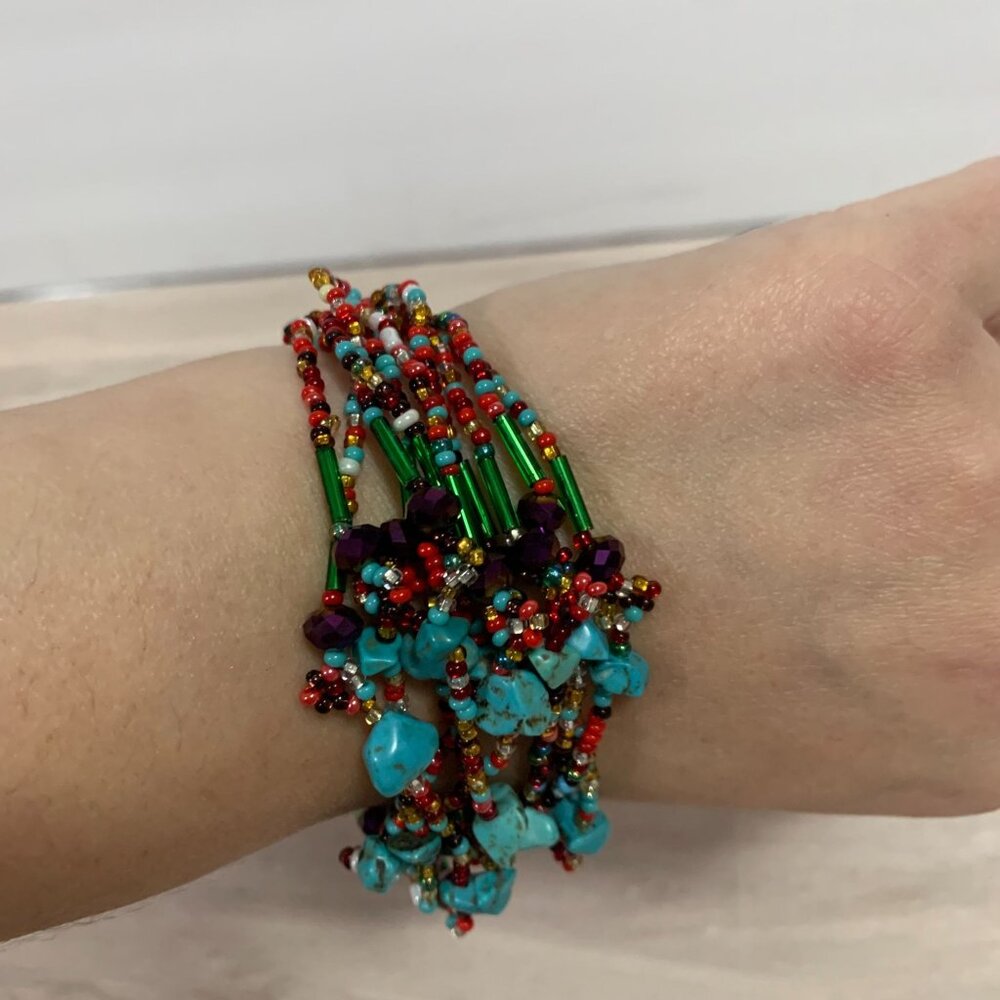 Glass Beaded Turquoise Multistrand Bracelet Beaded Toggle - Picture 6 of 11